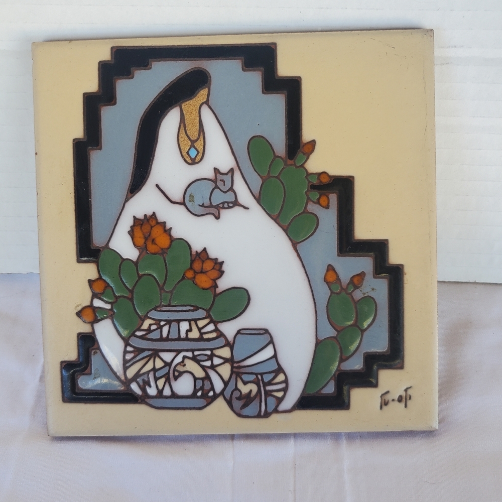 Southwestern Gale Tu-Oti Vintage Collection 6x6 Art Tile Saguaro Cactus Cat 1990